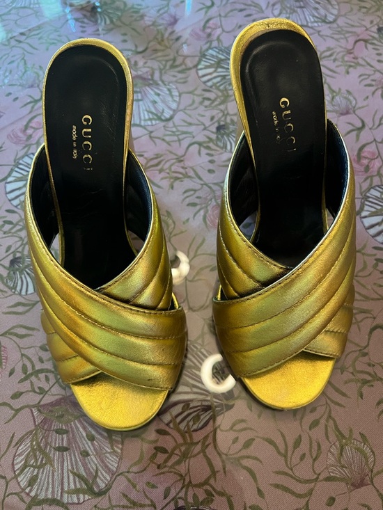 Gucci Shoes - Gucci Metallic Gold Crisscross Mule Slides